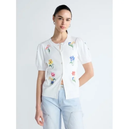 Free Assembly Women's and Women's Plus Embroidered Cardigan Sweater with Puff Sleeves, Lightweight, Sizes XS-4X