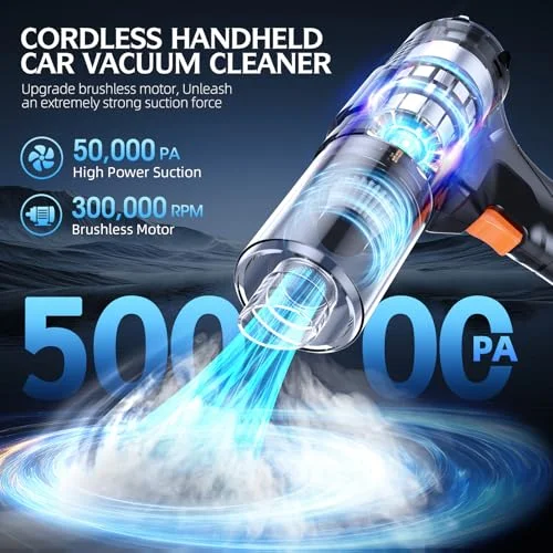 FAOGO Car Vacuum Portable Cordless, 50000Pa Strong Suction Brushless Motor, Handheld Vacuum with 2 Batteries & Charger, 6-in-1 Rechargeable Vacuum Cleaners for Home, Pet Hair & Keyboard, Ink Black