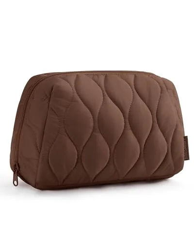 BAGSMART Makeup Bag, Travel Cosmetic Bag, Puffy Padded Make Up Bag for Women, Makeup Organizer Case, Wide-open Pouch Purse, Travel Essentials, Toiletries Accessories Brushes (Coffee Brown)