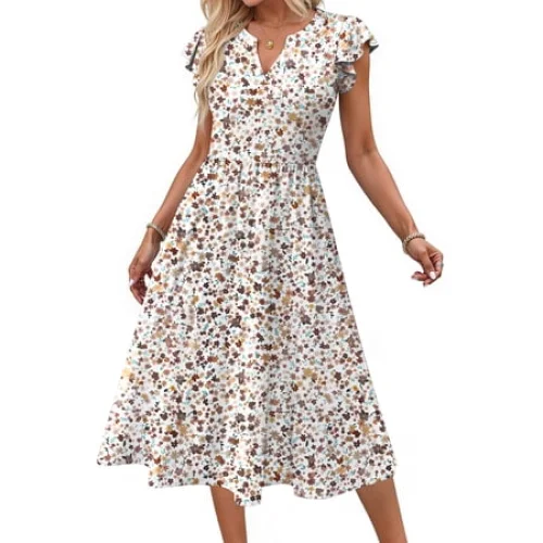 Fantaslook Summer Dresses for Women Ruffle Sleeve V Neck Midi Dresses Fashion Casual Flowy Vacation Sundress