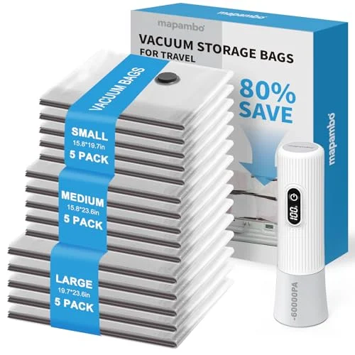 Mapambo Travel Vacuum Bags with -60000Pa LED Pump, 15 Pack Vacuum Seal Bags for Clothing Travel in 3 Combo Sizes, Vacuums Storage Bags for Clothes, Save 80% of Space (15 Combo)