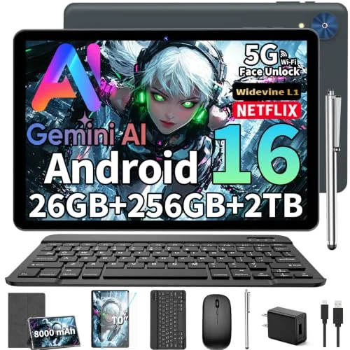 2026 Android 16 Tablet with Keyboard, Gemini AI 10 Inch Tablet, Silver Case