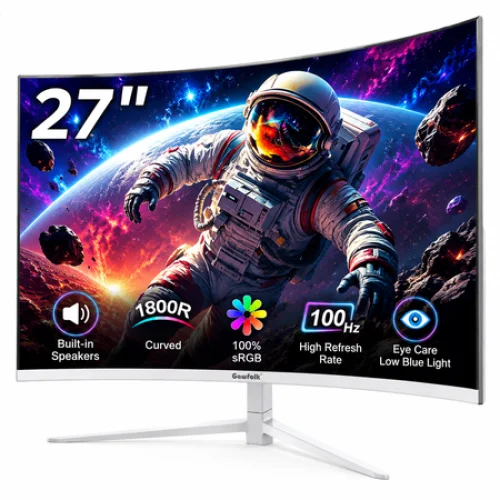 Gawfolk 27 inch Curved Monitor 100hz, PC White Computer Gaming Monitor FHD 1080P, 1800R, Frameless, Built-in Speakers