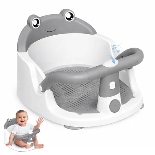 Baby Bath Seat for Babies 6 Months & Up - One-Handed Snap-On Armrest Baby Bath Chair | 4 Suction Cup Non-Slip Baby Bathtub Seat with Storage Bag | Ergonomic Infant Bath Seats for Baby Sitting Up Grey
