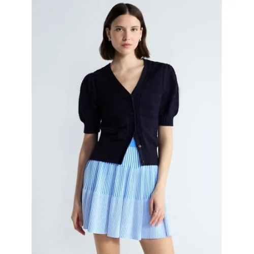Free Assembly's Women's Cotton Crochet Cardigan Sweater with Puff Sleeves, Sizes XS-4X