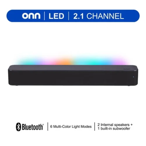 onn 20 Inch Bluetooth 2.1 Channel Soundbar with Multi-Color LED Lighting, Black
