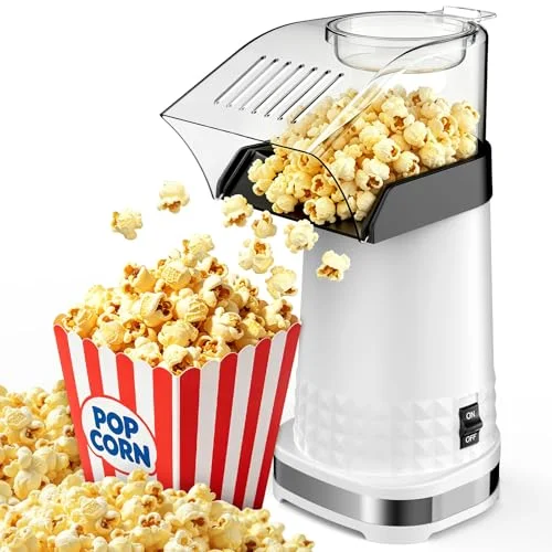 Hot Air Popcorn Popper Maker 4.5 Quarts - Oil-Free Electric Machine with Butter Melter, Measuring Cup, On/Off Switch, ETL Certified for Family Movie Nights & Parties(White)
