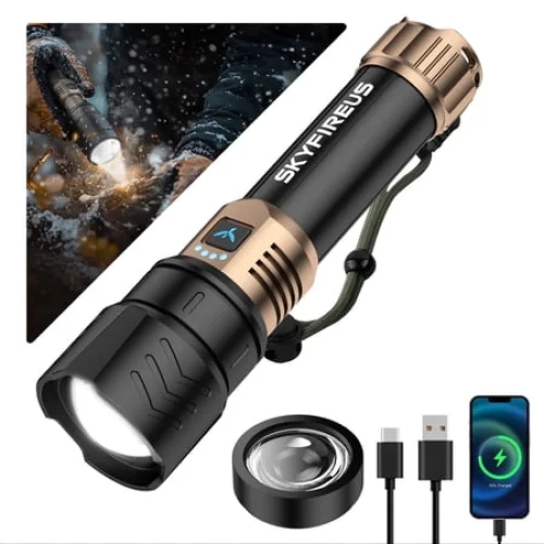SKYFIRE Rechargeable Flashlights High Lumens with Ignition Lens,3000lm Super Bright Flashlight,4 Modes,Waterproof LED Flash Light for Camping Outdoor and Home Emergencies,Gift