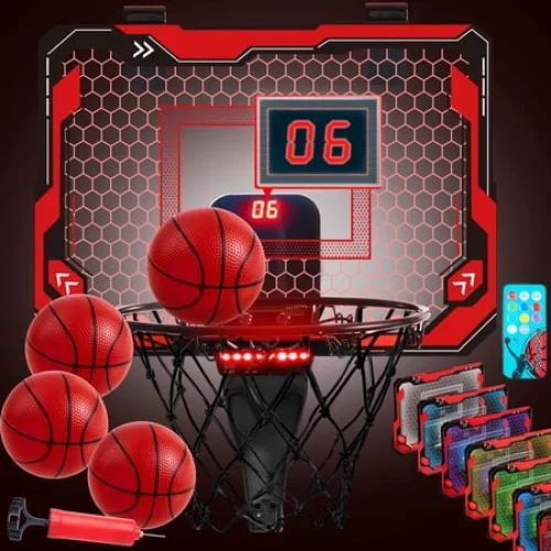 SYNCFUN Basketball Hoop Indoor for Teen Boy, 15.1" x 11" Indoor LED Electronic Scoreboard Basketball Hoop Over The Door with 4 Balls,Basketball Game Toys Birthday Gifts for Kids Teen Boy Adult,Red