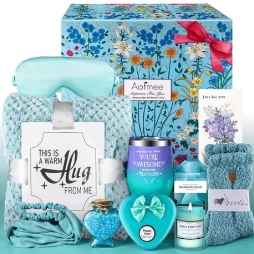 Aofmee Gift Baskets for Women, 10 Pcs Ocean Spa Gifts Sets with Flannel Blanket, Relaxing Birthday Holiday Box Idea for Her, Blue