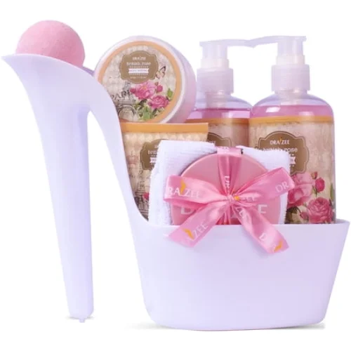 Draizee Heel Shoe Spa Gift Basket, 8-Piece Rose Scented Bath & Body Care Set with Shower Gel, Bath Bomb, Towel and Mirror
