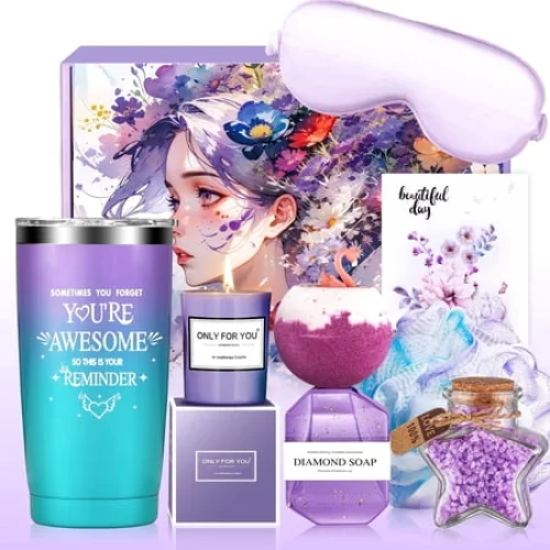 Aofmee Gift Set for Women, 8 Pcs Lavender Spa Body Care Set, Beauty Relaxing Valentine's Day & Birthday Gifts Baskets for Her, Purple