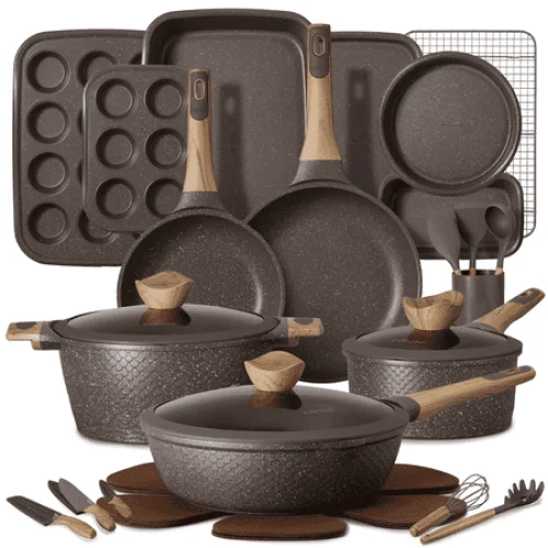 CAROTE 32-Piece Nonstick Pots and Pans, Granite Cookware Set with Bakeware & Knives, Brown