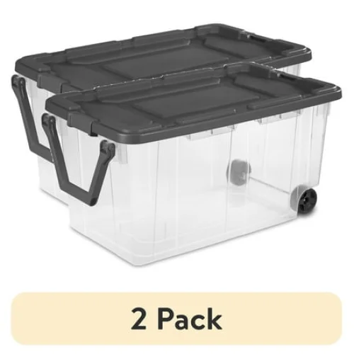 (2 pack) Sterilite 160 Quart Extra-Large Wheeled Storage Bin, Clear Storage Container with Latch Lid and Pull Handle, Durable, Dark Gray