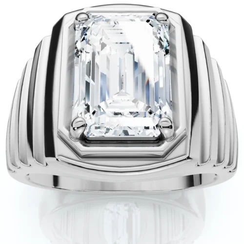 Men's Certified 4Ct Emerald Cut Diamond Ring Ridged Gold Band Lab Grown