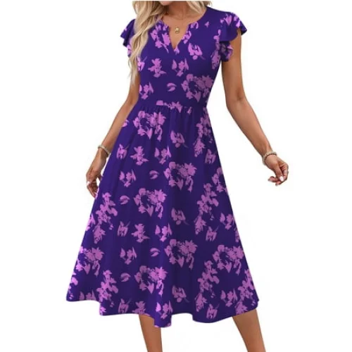 Fantaslook Summer Dresses for Women Ruffle Sleeve V Neck Midi Dresses Fashion Casual Flowy Vacation Sundress