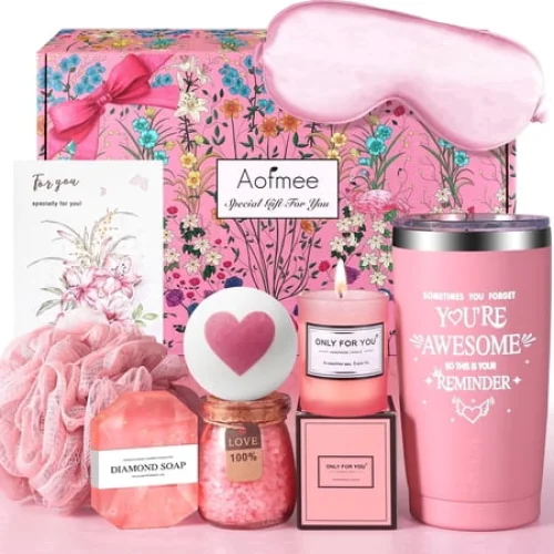Aofmee Birthday Gift Baskets for Women, 8 Pcs Rose Spa Body Care Set, Beauty Relaxing Christmas Birthday Gift Set for Her, Pink