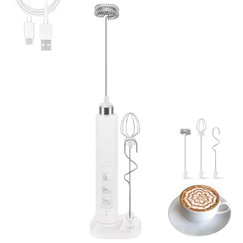 Rechargeable Milk Frother Handheld with 3 Detachable Stainless Whisks, 3 Speed Adjustable Drink Mixer, Mini Frother Wand for Coffee, Matcha, Protein Shakes, with Charging Base and Whisk Storage
