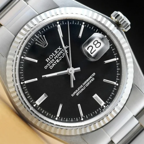 ROLEX MENS DATEJUST 1601 18K WHITE GOLD BEZEL STEEL BLACK DIAL OYSTER BAND WATCH