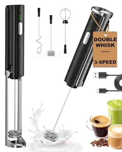 Soenglyun 3-Speed Rechargeable Milk Frother Handheld with Stand & 3 Whisks, Dual Coil Whisk Coffee Frother Handheld, Electric Frother Wand for Lattes, Matcha, Hot Chocolate & Eggs, Black