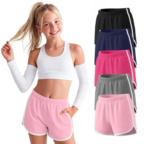 Custoneei 5 Pack Girls Athletic Dolphin Shorts, 5-Color, 11-12 Years
