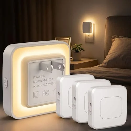 Sujeet Plug-in LED Night Light with Motion Sensor & Dusk to Dawn, 3 Color Temperatures (1800K/2700K/5700K), 5 Preset Brightness Levels, Backlit Design, 1-80LM Dimmable for Kids Bedroom, Hallway 4 Pack