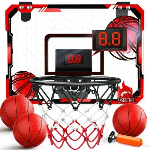 JoyStone Indoor Basketball Hoop for Kids, Mini Basketball Hoop with Electronic Scoreboard & Sounds, Over The Door Basketball Hoop 3 Balls for Kids & Adults, Red