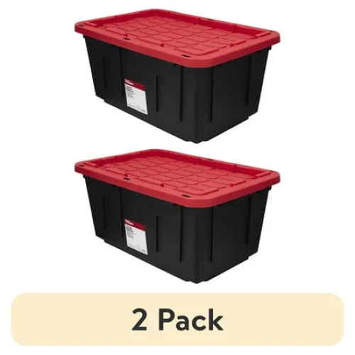 (2 pack) Hyper Tough 27 Gallon Large Storage Bin with Snap Lid, Black and Red, Heavy Duty Plastic Storage Container