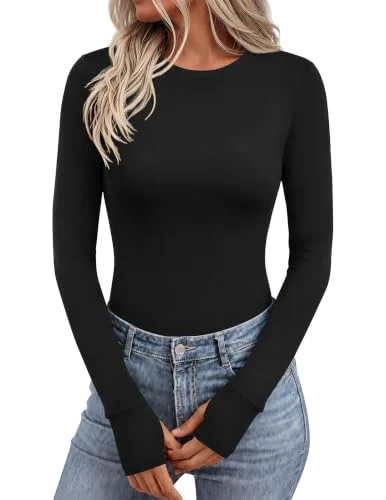 Ekouaer Long Sleeve Shirts for Women Crew Neck Undershirt with Thumb Holes