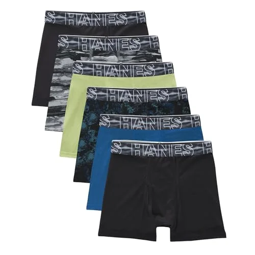 Hanes Boys' Big Performance Tween Boxer Brief Pack, X-Temp Mesh Underwear, Assorted, Black/Blue/Green/Grey - 6 Pack, Small