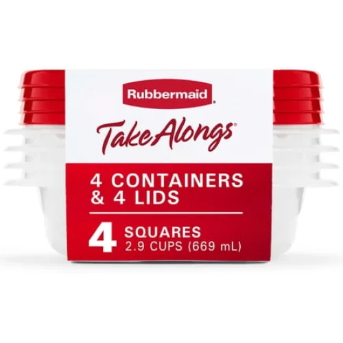 Rubbermaid TakeAlongs 2.9-Cup Square Food Storage Containers, 4-Pack, Red