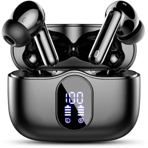 Wireless Earbuds, Bluetooth 5.4 Headphones Bass Stereo, Ear Buds with Noise Cancelling Mic, LED Display in Ear Earphones Clear Calls, IP7 Waterproof Bluetooth Earbuds for Phones/Sports/Laptop, Black