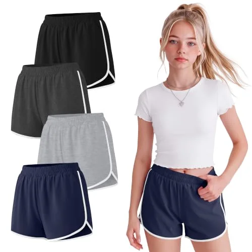 YooAurvox 4 Pack Girl's Athletic Shorts, 4-Color, 13-14 Years