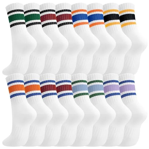 scenicamp 8 Pair Girls Crew Sock Cotton Striped Back to School Uniform Sock
