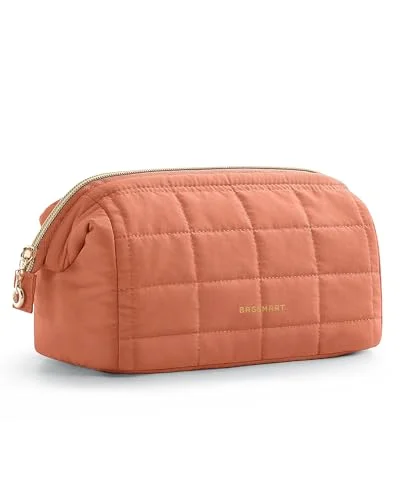 BAGSMART Makeup Bag Travel Toiletry Bag, Puffy Padded Make Up Bags for Women Makeup Organizer Case, Wide-open Pouch Purse Travel Essentials Toiletries Accessories Brushes, Apricot Pink