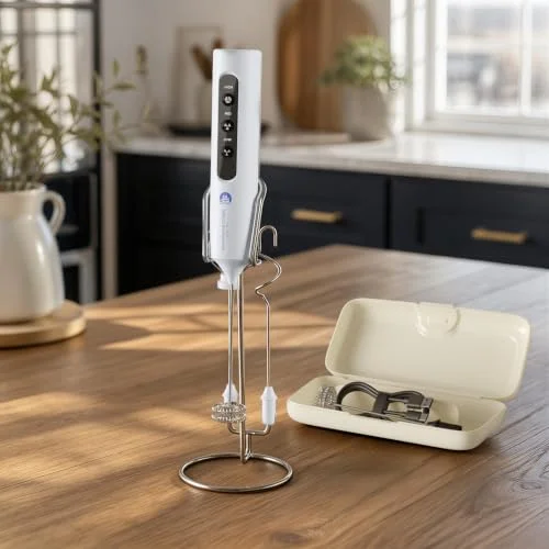 Rechargeable Milk Frother with Stand, 4 Interchangeable Whisks & Travel Case &ndash; Handheld Mixer for Lattes, Matcha, Hot Chocolate, Eggs & Protein Shakes