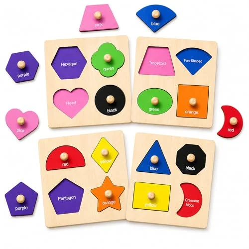 Wooden Shape Color Sorting Puzzle Toys for Toddlers, 4 Pack Montessori Peg Puzzles for Ages 2-4, Preschool Learning Toys for Shape Recognition, Fine Motor Skills, Gifts for Kids Boys Girls 1 2 3 4