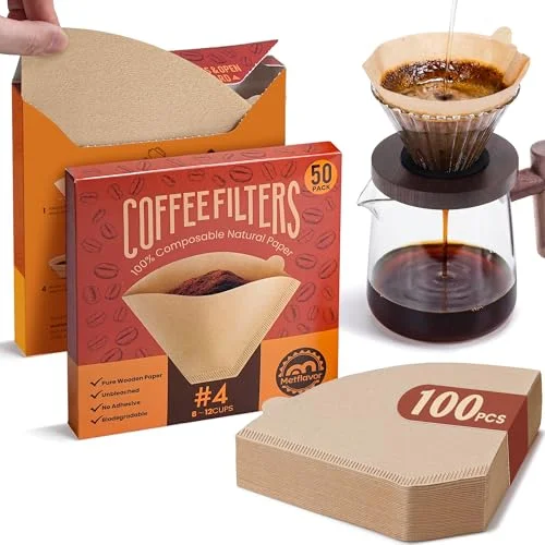 #4 Coffee Filters 100 Count, Unbleached Cone Coffee Filters 8-12 Cup