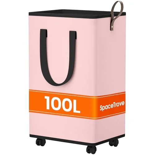 SpaceTrove Rolling Laundry Basket with Wheels, Laundry Hamper, 100L, Pink