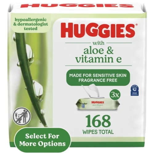 Huggies Unscented Baby Wipes with Aloe & Vitamin E, 3 Flip-Top Packs, 168 Count