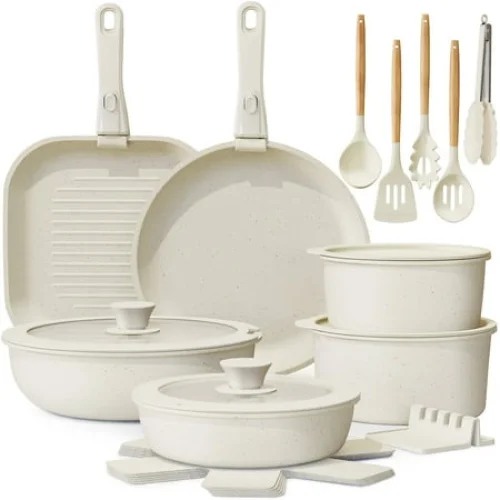 Astercook 22 Piece Pots and Pans Set Non Stick, Cookware Set with Detachable Handles, Oven Safe, Induction Ready, Stackable RV Kitchen Cooking Set, Cream White