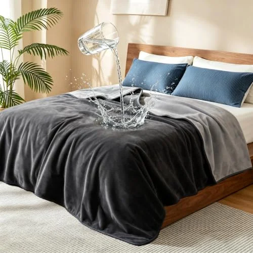 gogobunny Waterproof Blanket for Twin Bed, Reversible Flannel Throw, 60x80