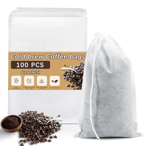 100 Pcs Cold Brew Bags 6x8 inch, No Mess Disposable Cold Brew Coffee Filter Pouches with Drawstring Large Empty Tea Bag for Loose Leaf Tea, Iced Coffee, Herbs, Spice, Home brewing, Hot pot
