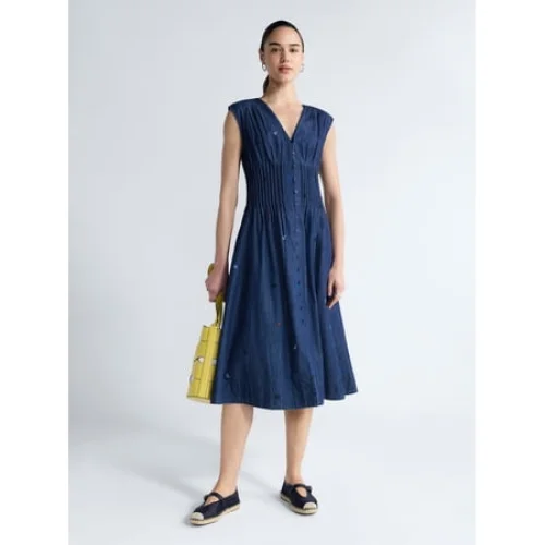 Free Assembly Women's Sleeveless Embroidered Denim V-Neck Midi Dress, Sizes XS-4X