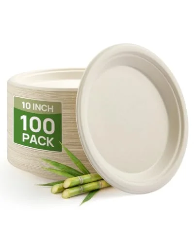Goodluck 10 Inch Nature Compostable Sugarcane Paper Plates, 100 Pack