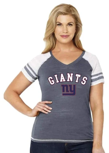 NFL Womens Curvy V-Neck Tee Striped Sleeves - Plus Sizes 1X-3X Many Teams - NWT