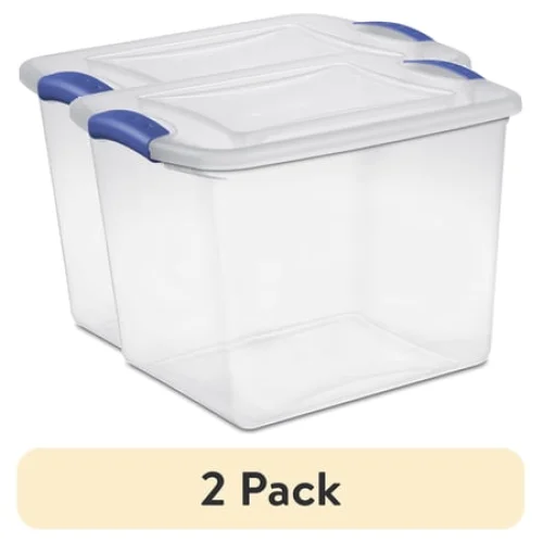 (2 pack) Sterilite 27 Quart Medium Latching Storage Bin, Clear Plastic Stoarge Conatiner with Latch Lid, Blue