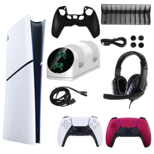Sony PlayStation 5 Slim Digital Console with Extra Red Dualsense Controller and Accessories Kit (PS5, PlayStation Digital Version)