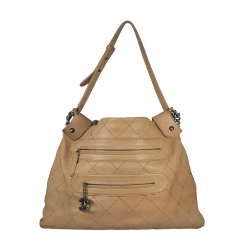 Chanel Stitched Calfskin Paris-Edinburgh Front Zip Hobo Large Beige