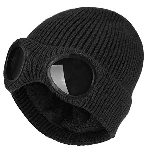 Unisex Knit Beanie with Goggle Windproof Winter Ski Face Cover Beanie Black